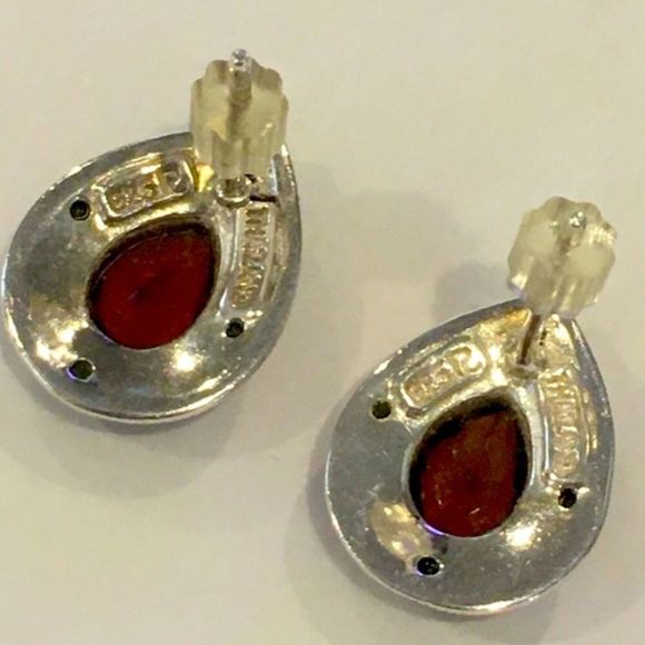Faceted Garnet Marcasite Sterling Silver Teardrop Earrings - Picture 3 of 6